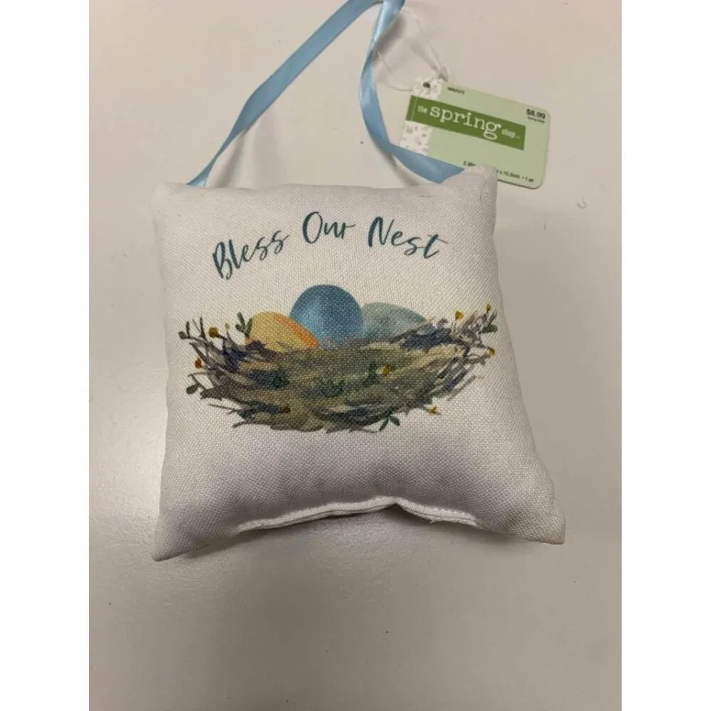 NWT “Bless Our Nest” 6” Pillow Decor Eggs Easter Spring Summer Decor Love Birds